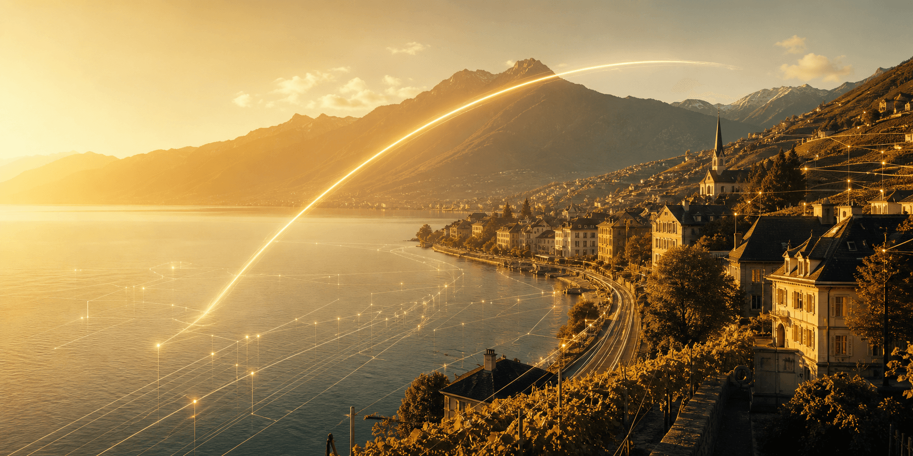 Long Arc abstract Swiss lakeside community visual with a gold arc of light and subtle technology signals.